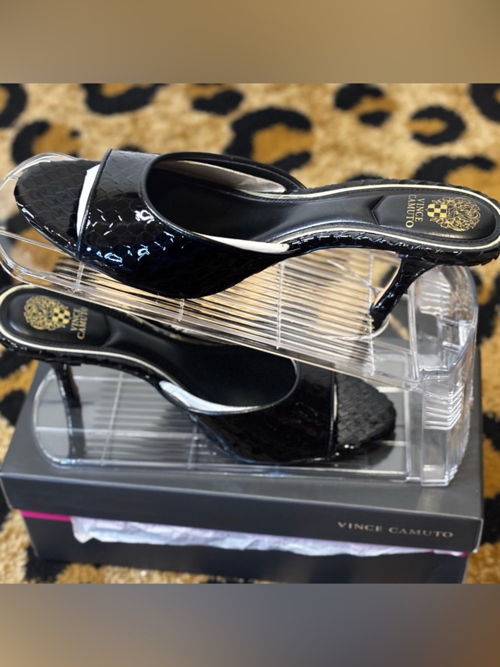 Vince Camuto Black Patent Croc-Embossed Open-Toe Heeled Mules